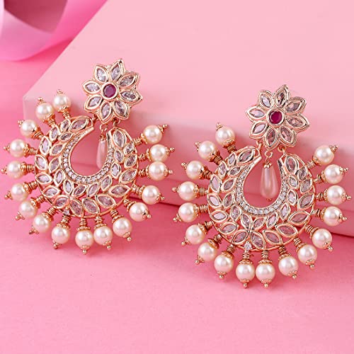 Estele Rose Gold Plated Handcrafted Crescent Shaped Chandbali Earring for Women - Image 4