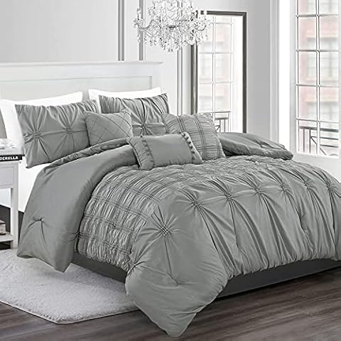 JYK Queen Comforter Set 7 Pieces Bed in a Bag Set, Jacquard Soft Queen Bedding Set with Comforter,Bed Skirt, Pillowcases, Cushions and Pillow, Grey Cover