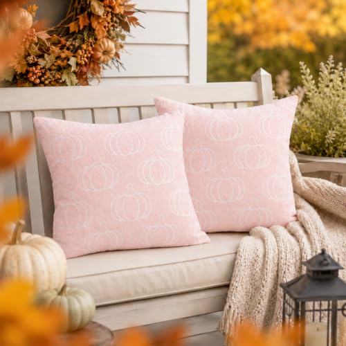 Image of Fall Pumpkin Throw Pillow Covers 22x22 Set of 2, Reversible Jacquard Chenille Cushion Cases Pumpkin Front Plaid Back, Cozy Farmhouse Autumn Decor for Living Room Sofa Couch Bed(Pink,22x22)