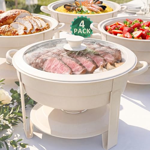 6QT Round Chafing Dish Set of 4, White Granite Finish Stainless Steel with Transparent Lids – Elegant Buffet Servers & Warmers, Stackable Storage | Wedding, Catering, Party