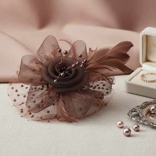 Image of DRESHOW Fascinators Hat Flower Mesh Ribbons Feathers on a Headband and a Clip Tea Party Headwear for Girls and Women