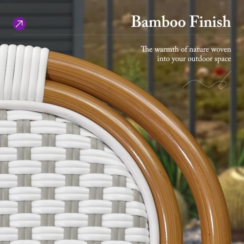 Image of PURPLE LEAF Patio Dining Chair Set of 4 Outdoor French Aluminium Frame in Bamboo Finish with White & Gray Woven Rattan for Indoor Kitchen Deck Bistros Cafe Restaurant