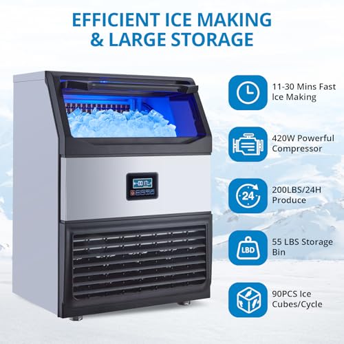 Garveetech 8SFGBHQFY2ZYI7UXNSM-WGQ287Z Commercial Ice Maker Machine, 200Lb/24H Stainless Steel Under Counter Ice Maker With 55Lbs Storage Capacity, 90 Ice Cubes Ready In 11-18Mins For Home, Bar, Restaurant, Outdoor Activities thumb #2