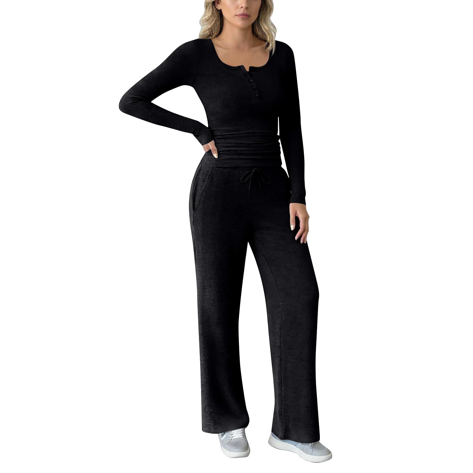 Top E Pantaloni Donna Impero Waist Autunno Manica Lunga di Base Sportivo Tinta Unita A Costole Senza Colletto
