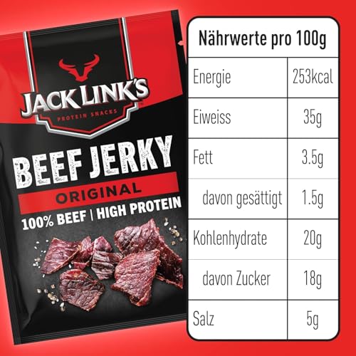 Jack Links Beef Jerky Original – 12er Pack (12 x 60g) – Trockenfleisch Eiweiß Snacks - High Protein Snack für Gym, Fitness, Outdoor - American Food für Menschen - Dörrfleisch Chips aus Rind Fleisch 2