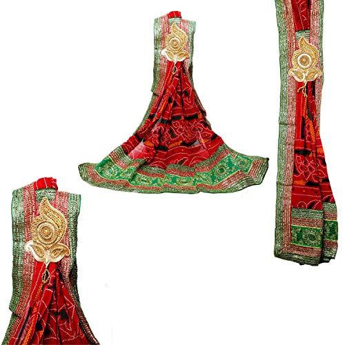 Image of Georgette Red Pooja Chunri, Shoulder chunari, Women's Bandej Chunni,Pomcha Stole for Ladies and Girls, Indian Ethnic, Traditional booti Odhana for puja, Marwadi Chunar for Festival