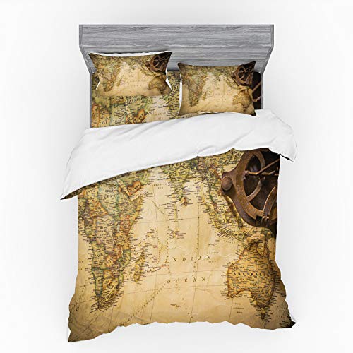 Ambesonne World Map Duvet Cover Set, Old Chart Cartography Showing Ocean Compass Location Retro Journey, 4 Piece Bedding Set with Shams and Fitted Sheet, Queen Size, Sand Brown Olive Green