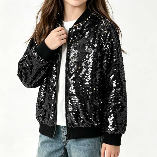 Girls Sequin Jacket Lightweight Sparkle Long Sleeve Zipper Bomber Jackets - image 6