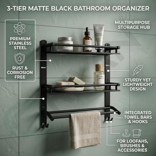 Image of GRIVAN Stainless Steel 3-Tier Bathroom Shelf Rack Stand with Dual Towel Rod | Multipurpose Bathroom Accessories Set (Black Matte)