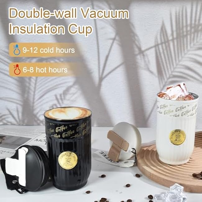 14oz Insulated Travel Tumblers with Lid and Straw, 2 Pack Travel Coffee Mug Stainless Steel Vacuum Thermos Cup, Leak Proof Reusable Cute Coffee Tumbler for Iced and Hot Drinks