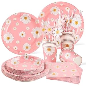 SUNBEAUTY Juego de vajilla de fiesta de margaritas blancas, flores de margaritas, decoraciones para fiestas, incluyendo platos de papel, vasos de papel, servilletas, pajitas para boda, cumpleaños