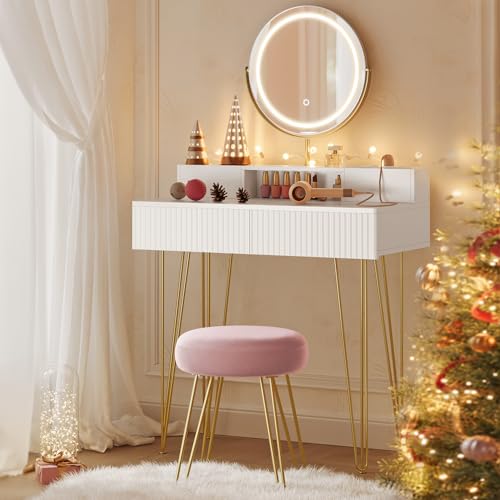 VASAGLE Schminktisch mit Hocker und Beleuchtung, Steckdosenleiste, Spiegel, Frisiertisch, 40 x 80 x 134,8 cm, Kosmetiktisch mit Schubladen, gepolsterter Sitzhocker, mattweiß-blassgold RVT019W01