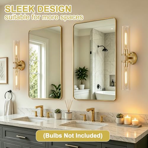 Image of Indoi Wall Sconces Set of Two, Hardwired Brushed Gold Bathroom Sconces Wall Lighting with Amber Glass, Modern Sconces Wall Decor Set of 2 Vanity Light fixtures for Bathroom Mirror Bedroom