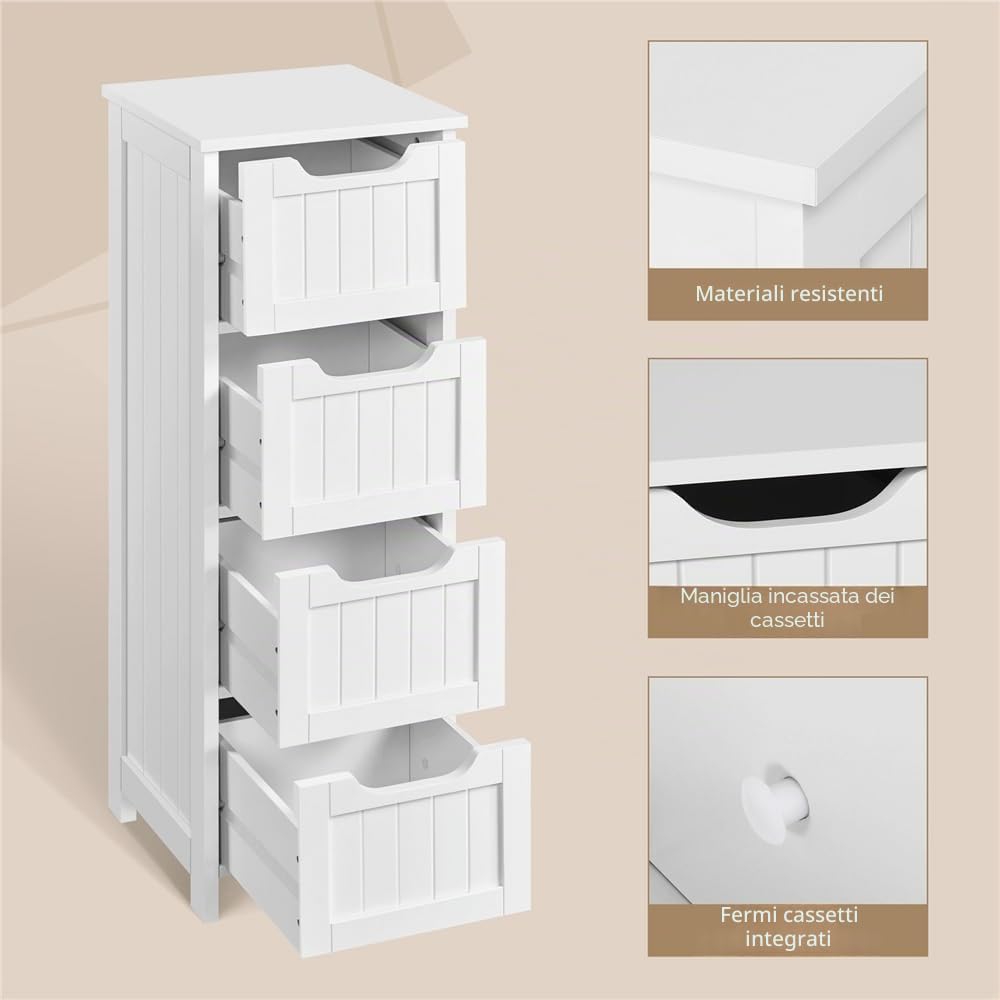 Yaheetech Mobile da Bagno Cassettiera con 4 Cassetti Armadio Autoportante Mobiletto Ausiliario Bagno Salvaspazio 30 x 30 x 82 cm Bianco