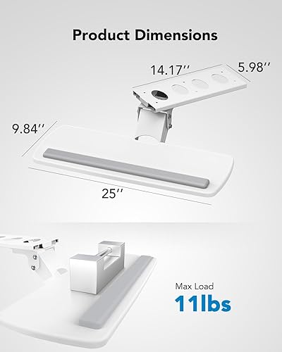 Vista 18 de HUANUO Bandeja para teclado debajo del escritorio, bandeja deslizante ergonómica ajustable 360 para teclado y mouse, 25 pulgadas de ancho x 9.8