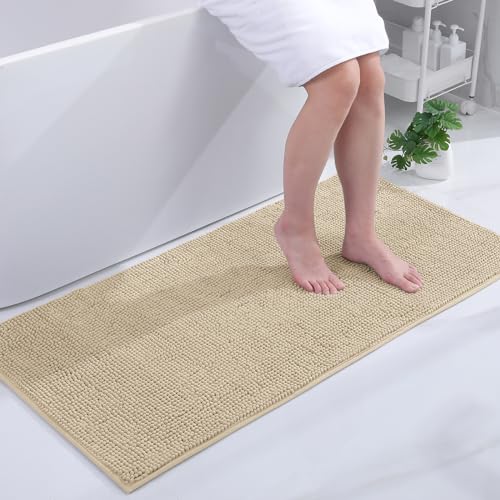 smiry Non Slip Chenille Bath Mat, 60 x 120 cm, Extra Soft Large Bathroom Mat Runner, Highly Absorbent Bath Mats for Bathroom Floor, Machine-Washable Quick Dry Foot Mat, Beige