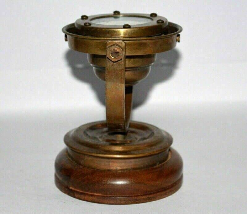 Brújula náutica vintage de latón antiguo con cardán y binnacle para barco miniatura 3
