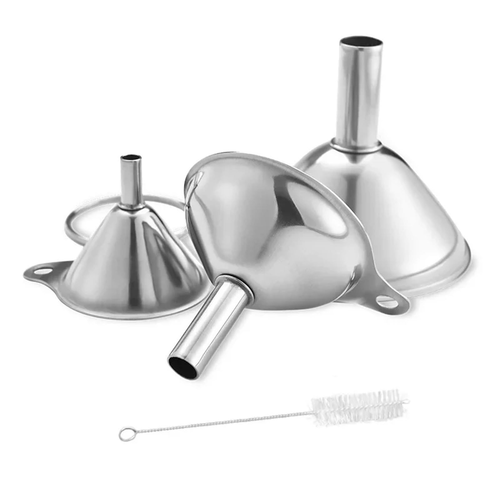 Embudo metálico de acero inoxidable, Juego de tres piezas de embudo de acero inoxidable, varios tamaños, plateado(1 cleaning brush)