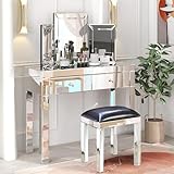 Henf Mirrored Vanity Table Set with Cushioned Stool and Mirror, Dressing Table Mirrored Makeup Desk with 2 Drawers/Crystal Knobs, PU Leather Dresser Stool for Women Girls, Silver Bedroom Furniture