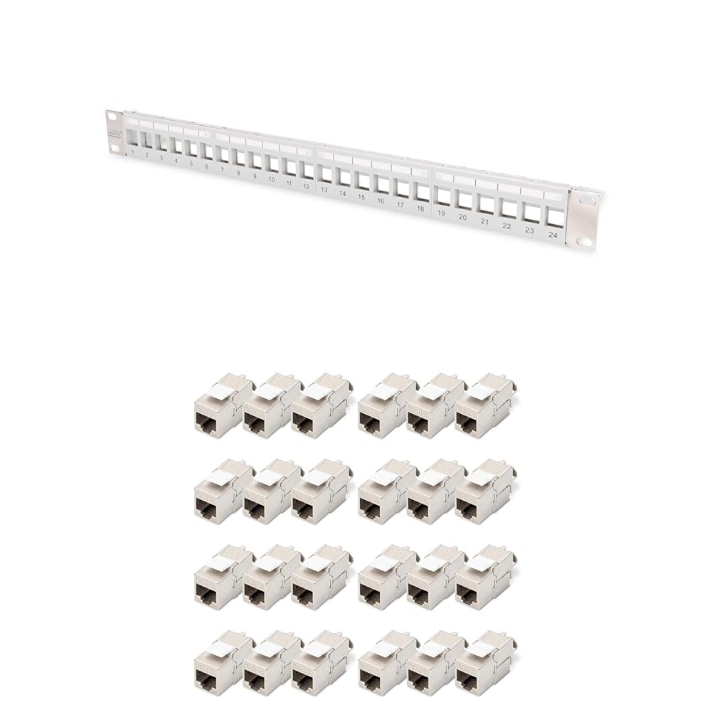 DIGITUS Set : Panel de interconexión - Modular - 19 Pulgadas - 24 Puertos - apantallado - Montaje en Rack 1U - Gris - con módulo Keystone 24x Cat6A