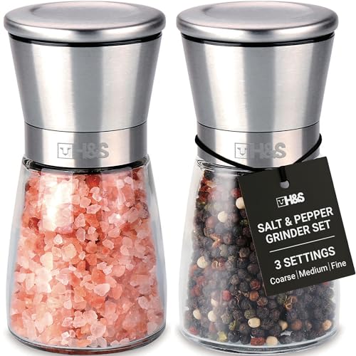 H&S Salt and Pepper Grinder Set - Manual Mill Grinders for Kitchen - Glass and Stainless Steel Spice Mills with Adjustable Coarseness - Easy to Use and Fill - Large Capacity