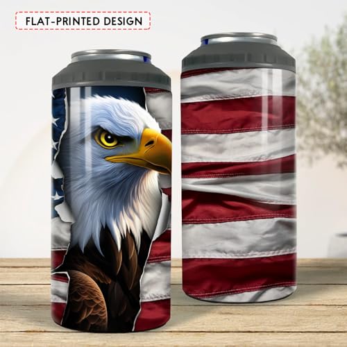 Image of SANDJEST Eagle Tumbler American Flag 4 in 1 12oz Can Cooler Coozie Skinny Stainless Steel Tumbler Gift for Men Dad Father Travel Veteran Day 4th of July