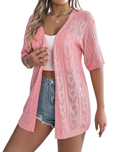 Image of Spicy Sandia Women's Loose Fit Short Sleeve Crochet Cardigan Sweaters for Summer