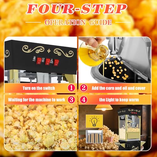 Image of 12 Oz Popcorn Machine with Cart (Black) - Medium Capacity Vintage Popcorn Maker - 3 Easy Switches with Storage, 4 Spoons for Home & Light Commercial Use