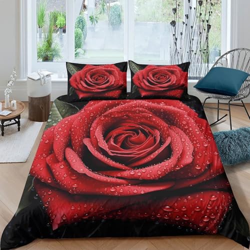 Housse de couette roses rouges parure de lit microfibre résistante 220x240 - 4