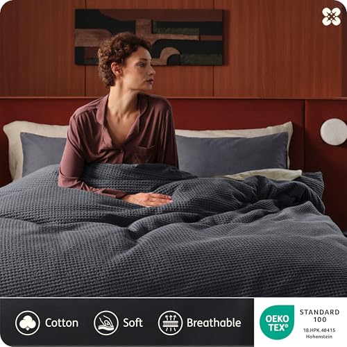 Image of Bedsure Cotton Duvet Cover King Size - 100% Cotton Waffle Weave Charcoal Duvet Cover, PureWoven Textured Breathable Bedding Comforter Cover for All Season, 1 Duvet Cover Only 104 inchx90 inch