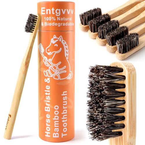 Entgvvv Horse Bristle Toothbrush Plastic Free Bamboo Toothbrushes 6 Pack Natural Wooden Toothbrush Non Toxic & Non Plastic Wood Tooth Brush Manual Organic Toothbrush for Adult Women Men