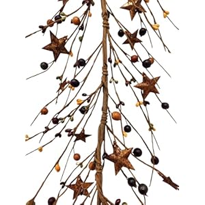 N107mustardburgundyandgreenprimitiveberrieswithrustystarsseasonaldecor455length Urban Country Home Decor N107 mustard burgundy and green primitive berries with rusty stars seasonal decor 45 5 length urban country home decor