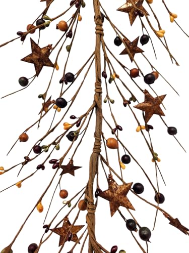 N107mustardburgundyandgreenprimitiveberrieswithrustystarsseasonaldecor455length Urban Country Home Decor N107 mustard burgundy and green primitive berries with rusty stars seasonal decor 45 5 length urban country home decor
