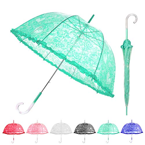 MISSYO Women’s Clear Bubble Umbrella-Lace Crystal Handle Transparent Umbrella Windproof for Girls,Dome Shape