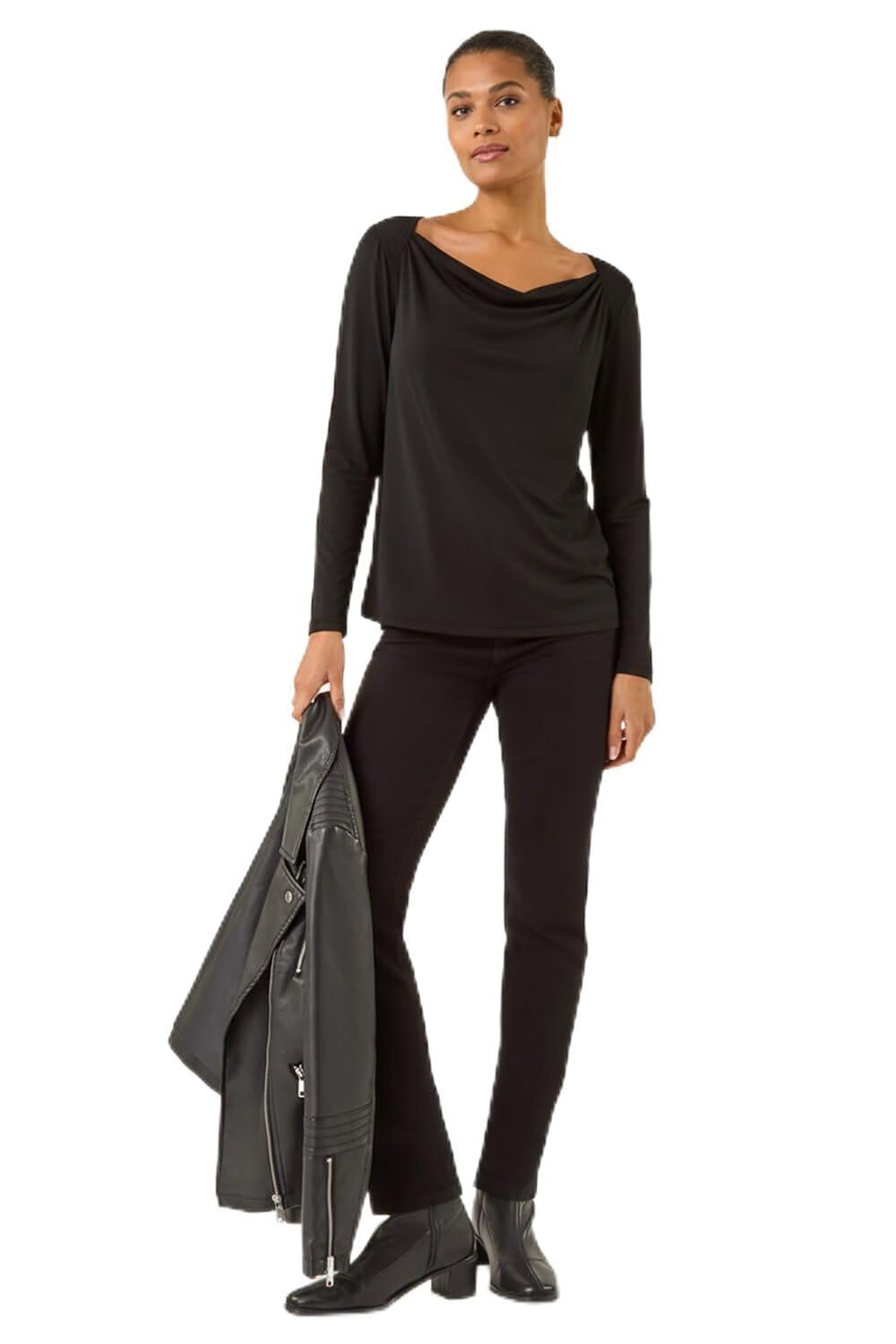 Roman Originals Women's Black Cowl Neck Premium Stretch Top For Uk - Everyday Autumn Winter Comfy Soft Evening Vacation Work Party Night Out - Size 12