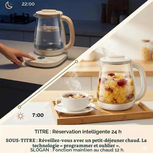 Bouilloire en verre intelligente 1,8 L Pot de santé multifonction 800 W avec contrôle de température variable, minuterie 24 heures et maintien au chaud, affichage LED, protection contre l'ébullition à