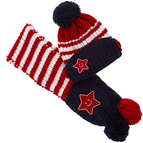 Little Kids Knitted Winter Beanie Hat and Scarf Set, 6 Months to Toddlers (Blue/Red)