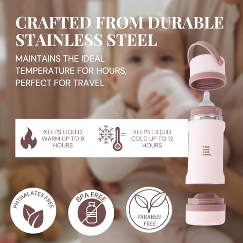 Image of Jili All-in-One Baby Bottle, Insulated Stainless Steel Bottle with Formula Container, Anti-Colic Nipple, and Leak-Proof Lid, Baby Essentials for Travel, BPA and Phthalates-Free, Rose, 8 oz.