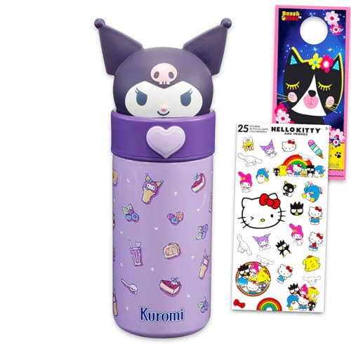 SANRIO Kuromi Stainless Steel Water Bottle for Girls - Bundle with 16 Oz Kuromi Drinking Cup For Home School and Sports Plus More Double Walled Insulated Tumbler