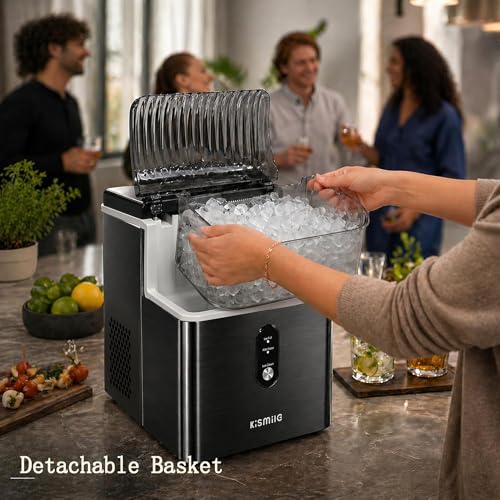 Image of Kismile Nugget Ice Maker Countertop, Sonic Ice Maker with 35Lbs /24H, First Ice in 7 Mins, 1.2L Water Tank, Ice Basket Holds 2.2Lbs, Self-Cleaning Pebble Ice Machine for Home Kitchen Office Bar(Black)