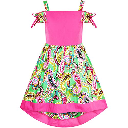 Sunny Fashion Girls Dress Cold Shoulder Paisley Green Pink Hi-Low Dress