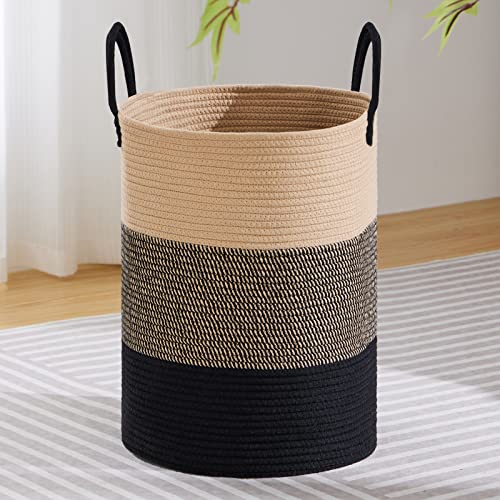 Image of VIPOSCO Large Laundry Hamper, Tall Woven Rope Storage Basket for Blanket, Toys, Dirty Clothes in Living Room, Bathroom, Bedroom - 72L Brown & Black