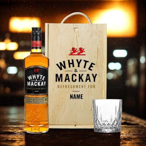 Personalised Whyte and Mackay Blended Scotch Whiskey 70cl in Wooden Box with Glass (40% ABV)