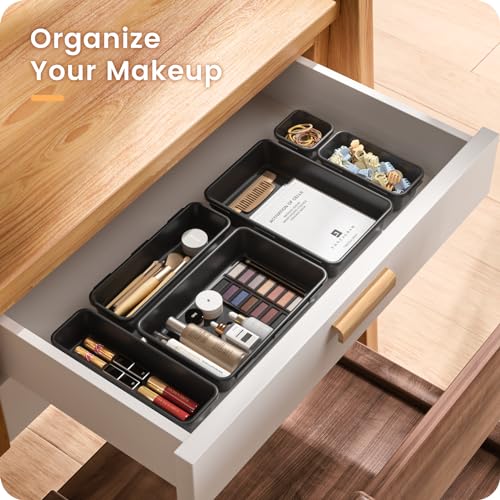 Image of A-LuGei 【Military Grade Drawer Organizer, 【𝟱𝗦𝗶𝘇𝗲】 Makeup organizer, 【Holds 177 Items】 Bathroom Organizers and Storage, Organization and Storage, Desk Drawer Organizer for Vanity (Black)
