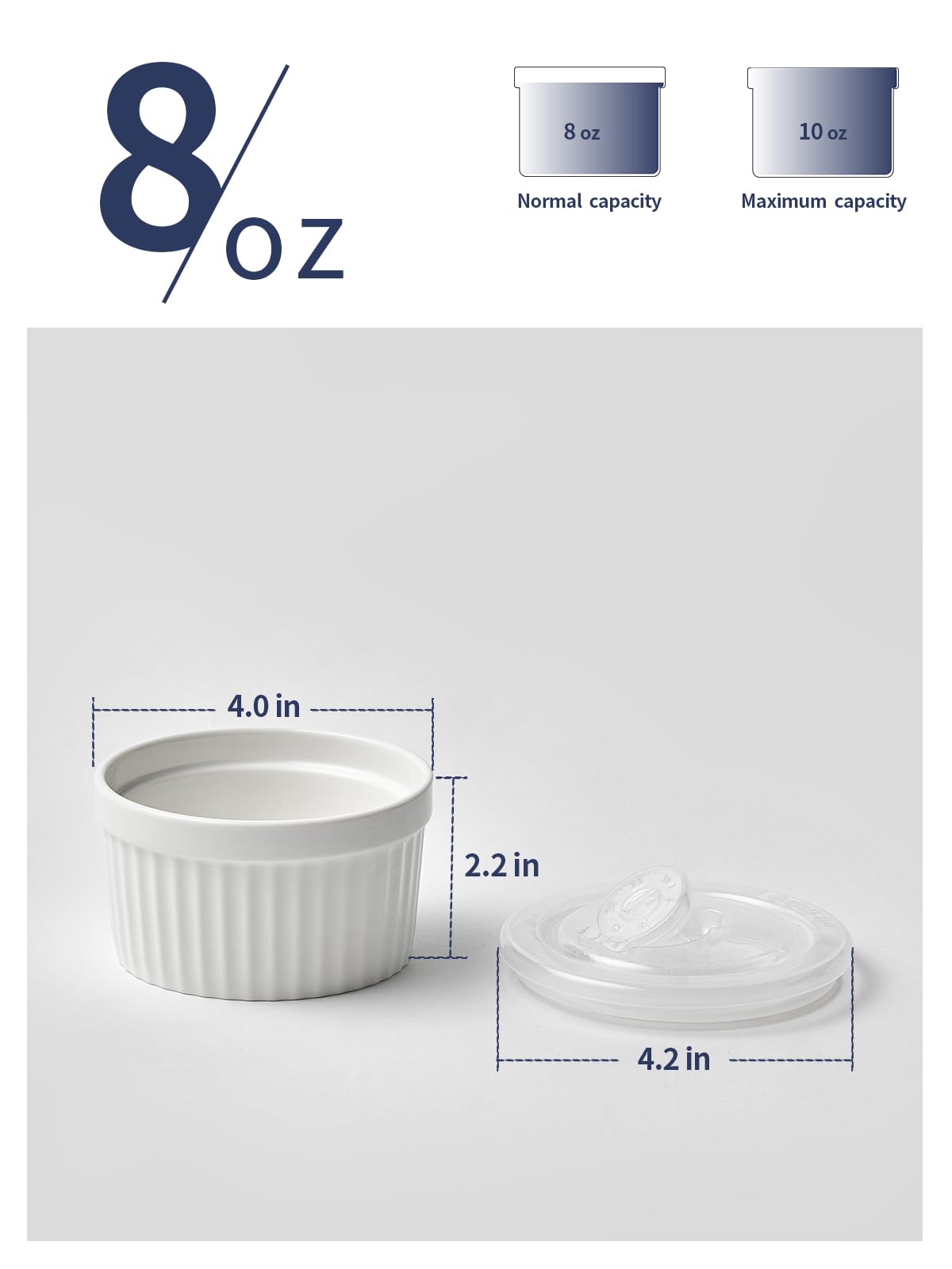 Samsle Lot de 6 ramequins en porcelaine de 236,8 g - Passent au four avec couvercle - Petits plats à soufflé pour crème brûlée, crème glacée, trempage et sauces, mini bols de cuisson en céramique
