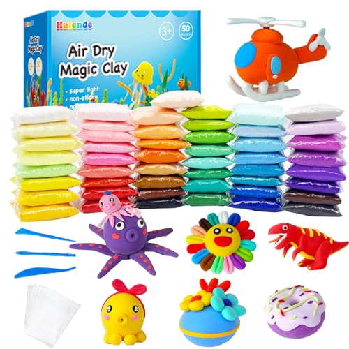Hatende Modeling Clay Kit - 50 Colors Air Dry Magic Clay, DIY Molding With Sculpting Tools, Soft & Ultra Light, Arts and Crafts Gift for Boys & Girls Age 3-12 Year Old