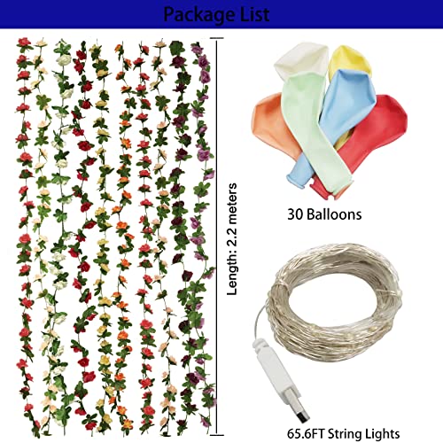 Folumoliy 10Pcs Artificial Rose Flower Garland 65.6 Feet String Lights And 30 Balloons Hanging Floral Garland Flower Vines For Room Decor-Outdoor Wedding Arch Floral Decoration #TOP1