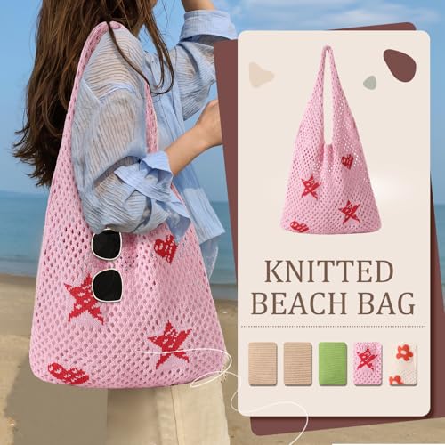 Image of Premillow Crochet Beach Tote Bags, Stylish Mesh Beach Bags Shoulder Bag for Women, Cute Summer Vacation Boho Tote Bag
