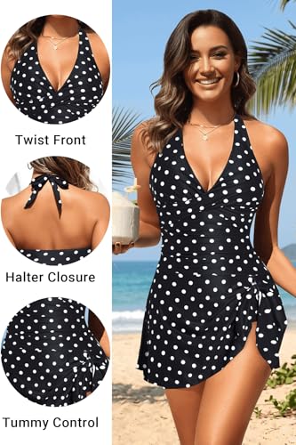 Image of Women Tummy Control One Piece Swim Dress Ruched Swimsuit with Skirt | Halter V-neck Design, Adjustable Straps, Removable Cups, Side Bow-tie, Sexy, Flattering, Slimming