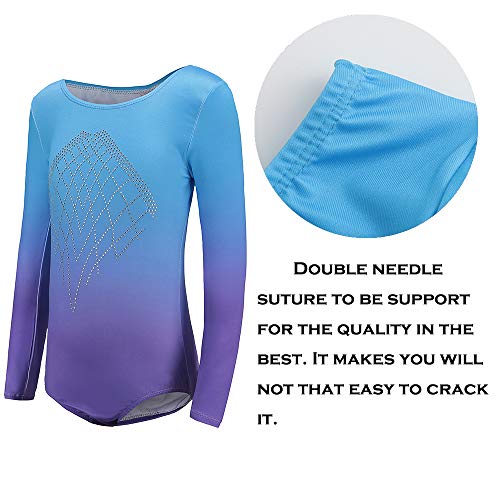 Sinoeem Leotards For Girls Gymnastics Long Sleeve Dancing Ballet Gymnastics Leotard For Girls 7-8 Years Gradient Blue+Purple Color Diamond Sparkle Design #TOP6